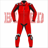 Front view of Marc Marquez 2025 Barcelona Winter Test MotoGP Racing Suit, featuring red leather, the Ducati logo, number 93, and bold design patterns.